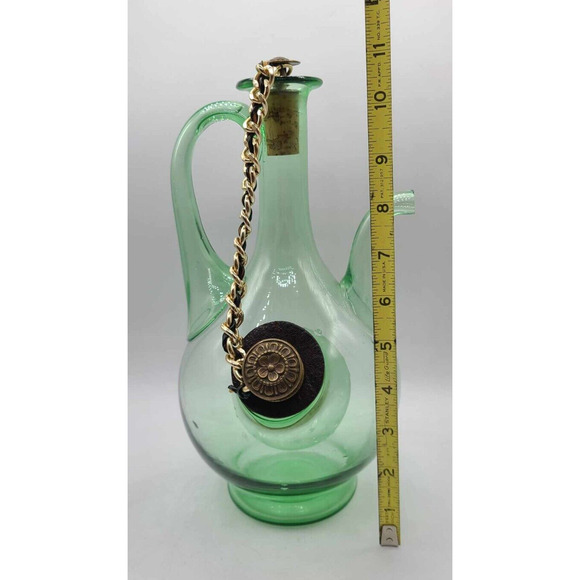 Vintage 1960's Italian Green Glass Decanter w/ Ornate Corks & Ice Chamber 11"H - Picture 11 of 14
